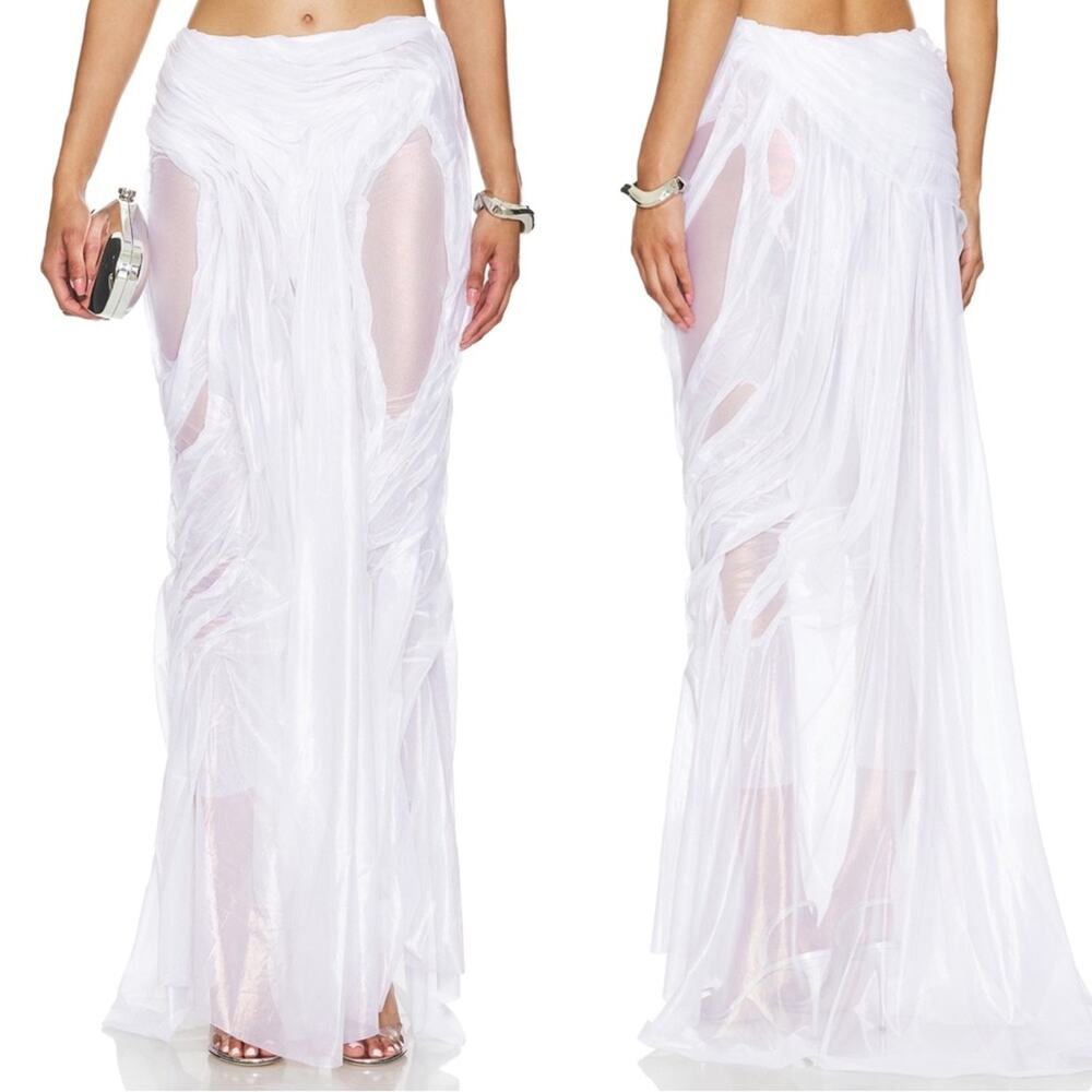 DI PETSA Long Sheer Wet Look High low Draped White Iridescent Maxi Skirt Sz L - Picture 2 of 8